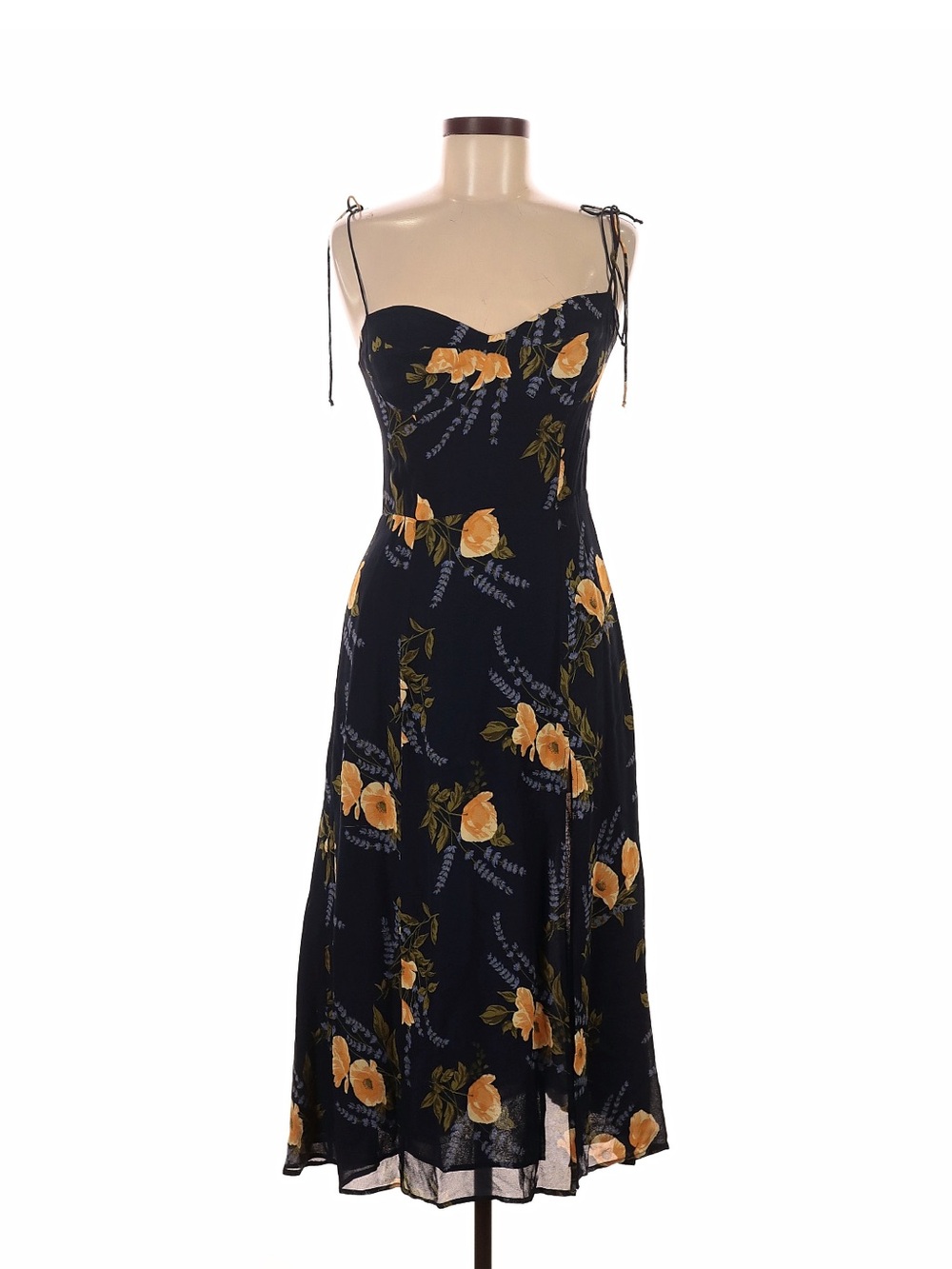 Reformation Floral Tie-Strap Midi Dress - Navy with Yellow Floral